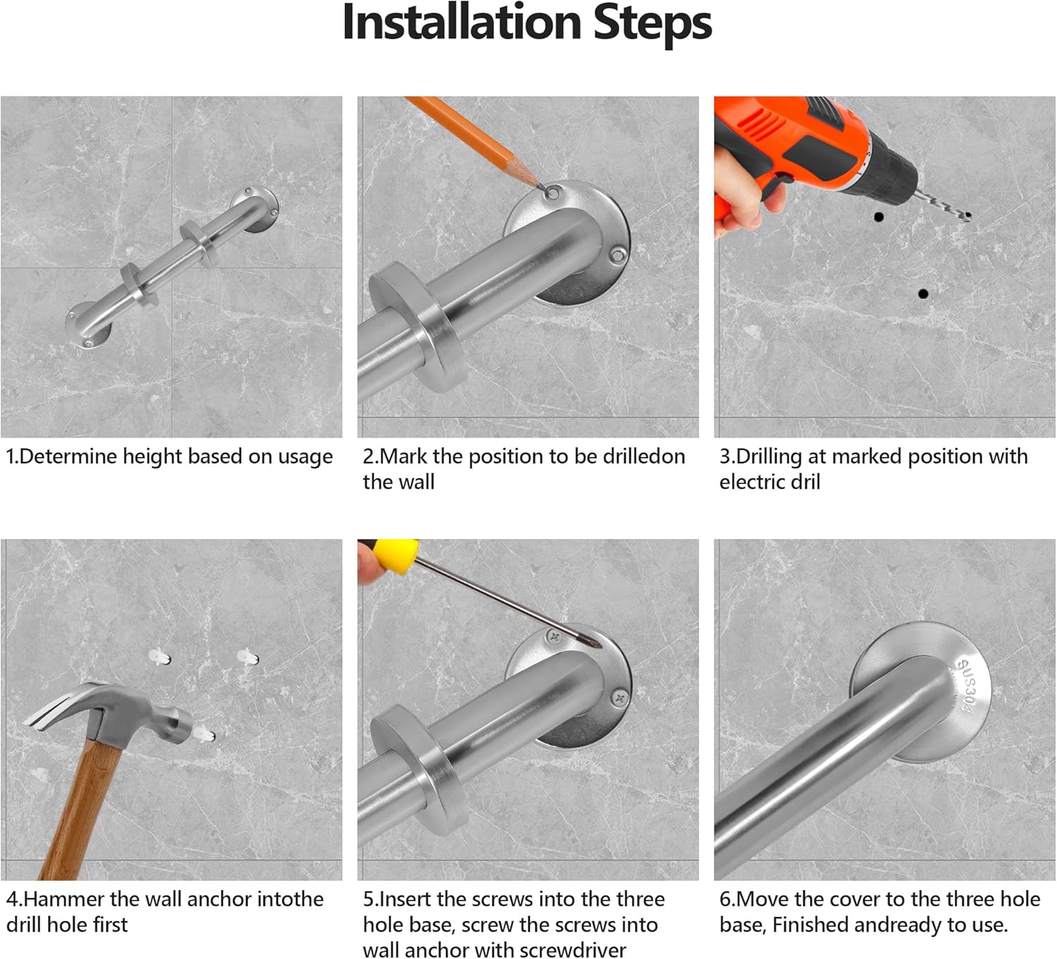 Shower Grab Bar, 2 Pack 12 Inch Brushed Nickel Bathroom Safety Bar, 1.25" Diameter 304 Stainless Steel Grab Bars for Bathtubs and Showers, Handicap Shower Grab Bar for Seniors Elderly - Image 5