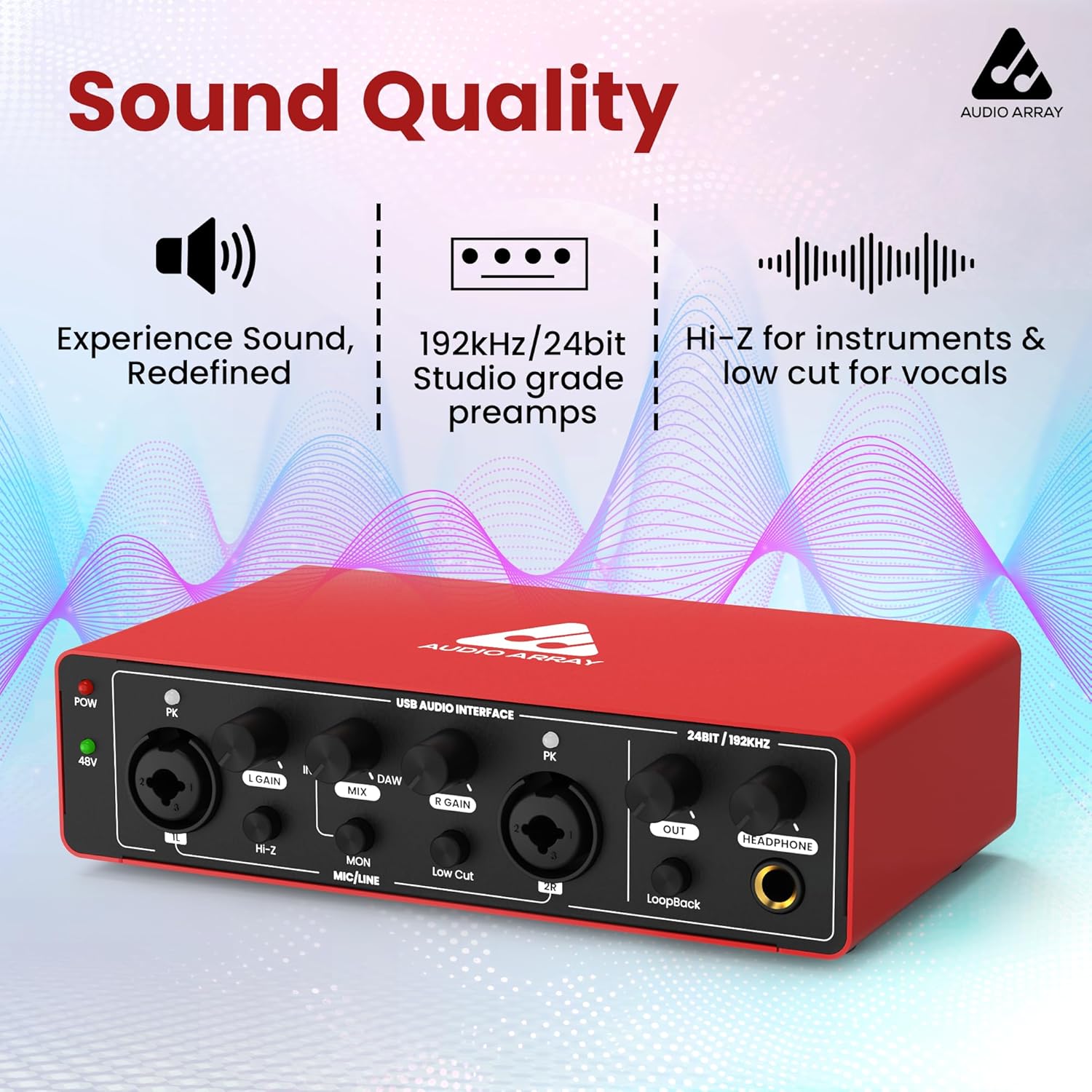 Audio Array AI-04 highlighting sound quality features: 192kHz/24bit studio grade preamps, Hi-Z for instruments, and low cut for vocals.