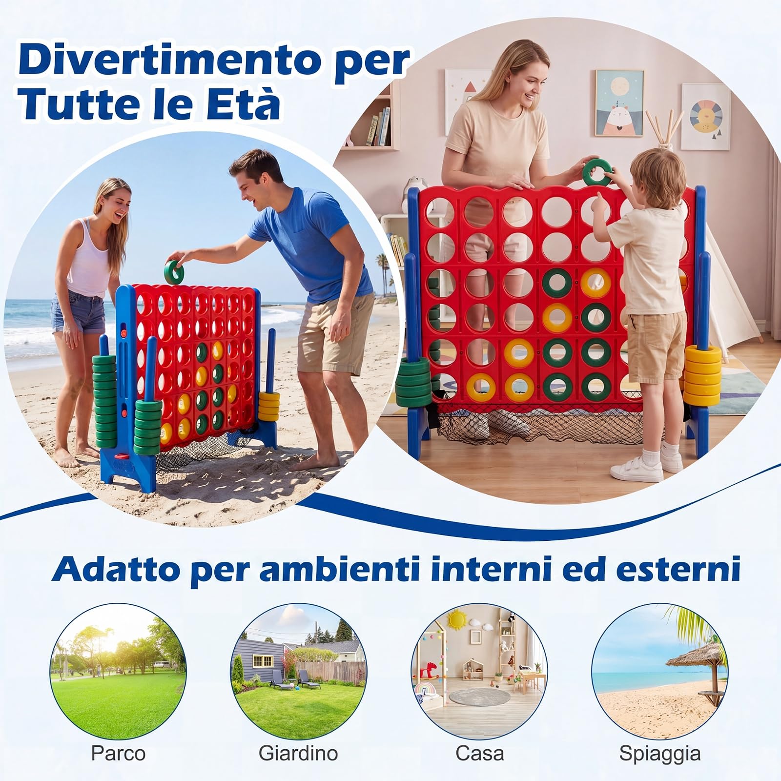 COSTWAY Forza 4 Gigante per Bambini e Adulti, Set Forza 4 per Interni ed Esterni con Rete per Pedine e 42 Pedine, Gioco Familiare per Feste e Vacanze