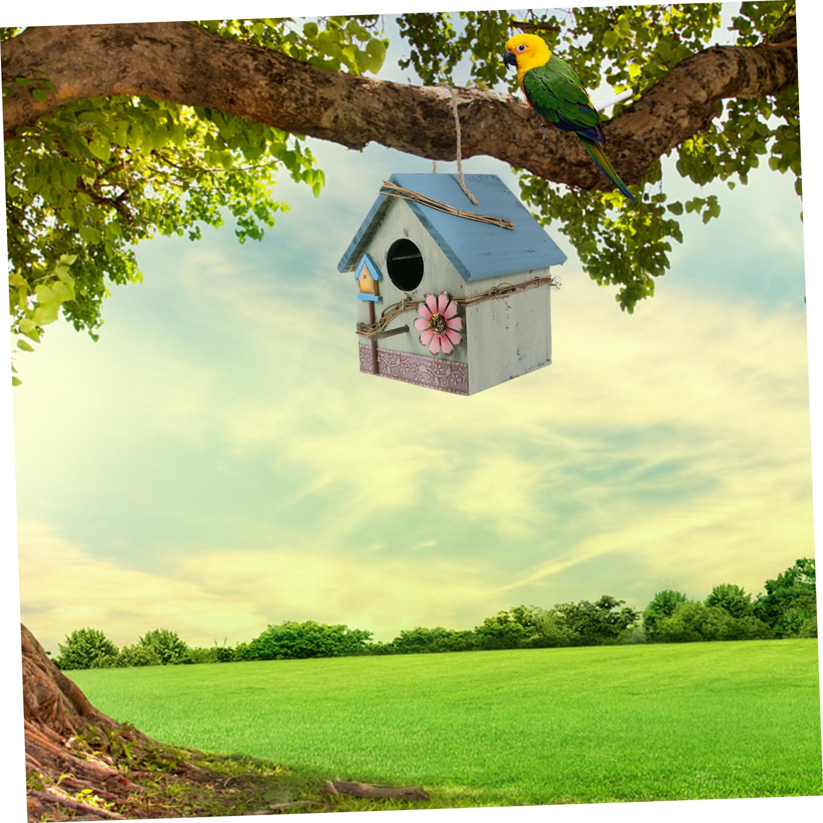 Holz Vogelhaus Wildvogelhaus zum Aufhängen Garten Papageien Futterstelle mit Schutzdach Grün Gartendekoration Vogelbeobachtung Terrassen Nistkasten