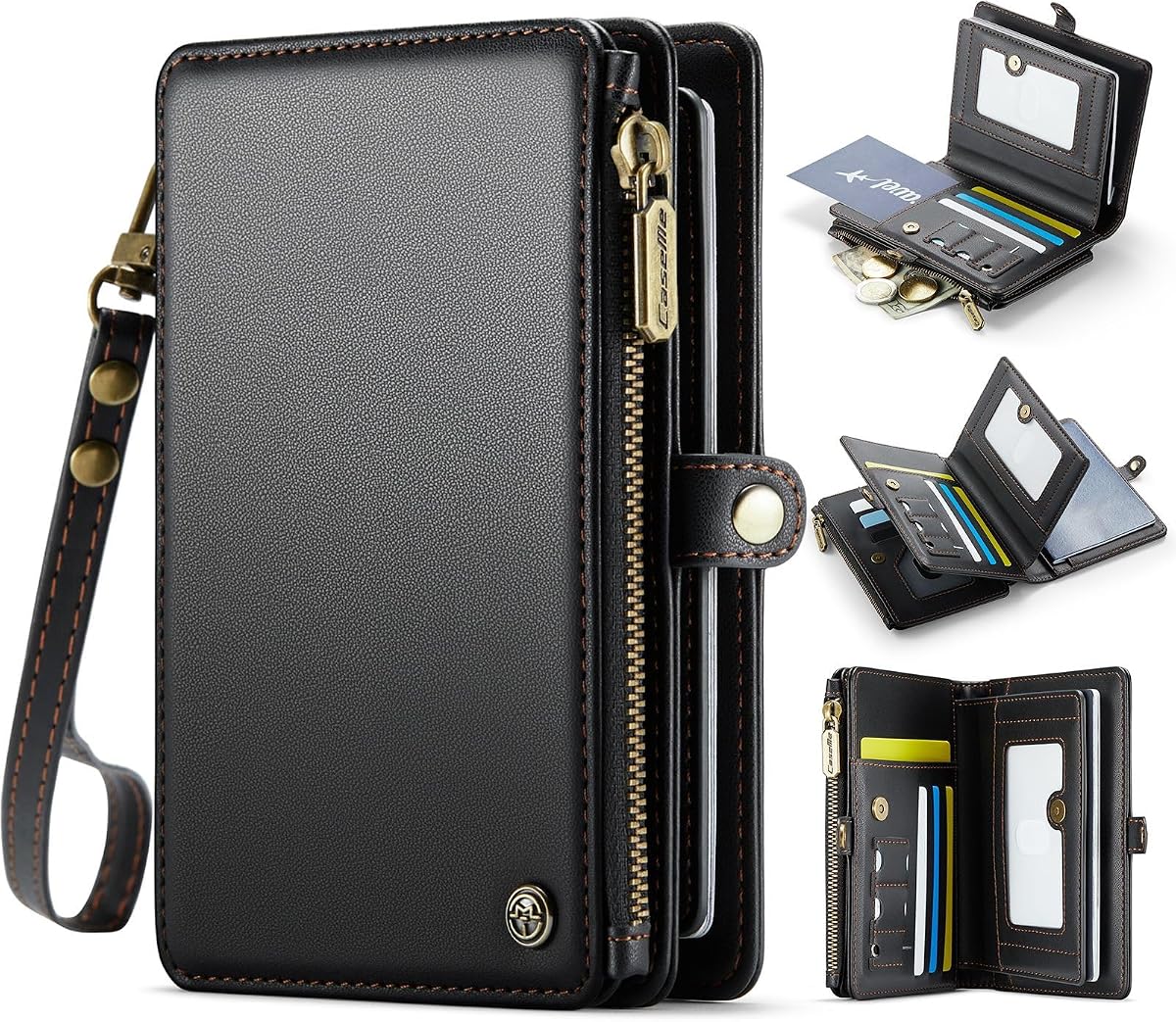Travel Passport Holder Wallet with AirTag Slot, RFID Blocking Family Document Organizer, 11 Card Slots & Zipper Pocket for Money Tickets, PU Leather Wristlet Bag for Women Men, Black