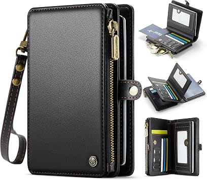 Travel Passport Holder Wallet with AirTag Slot, RFID Blocking Family Document Organizer, 11 Card Slots & Zipper Pocket for Money Tickets, PU Leather Wristlet Bag for Women Men, Black