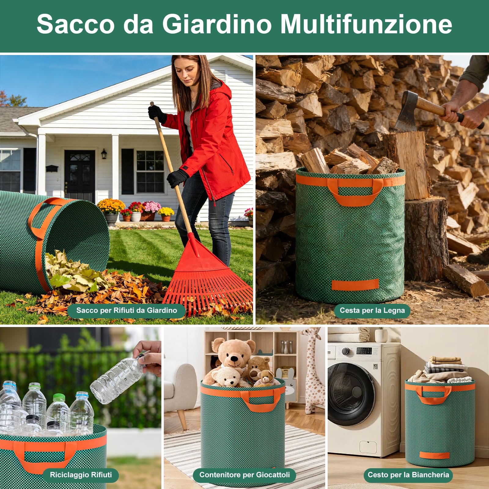 3x272L Sacchi per Rifiuti da Giardino Resistenti,Sacchi Giardinaggio Pieghevole,Sacchi Giardinaggio Riutilizzabili con Maniglie, Sacco Raccogli Foglie Autoportante