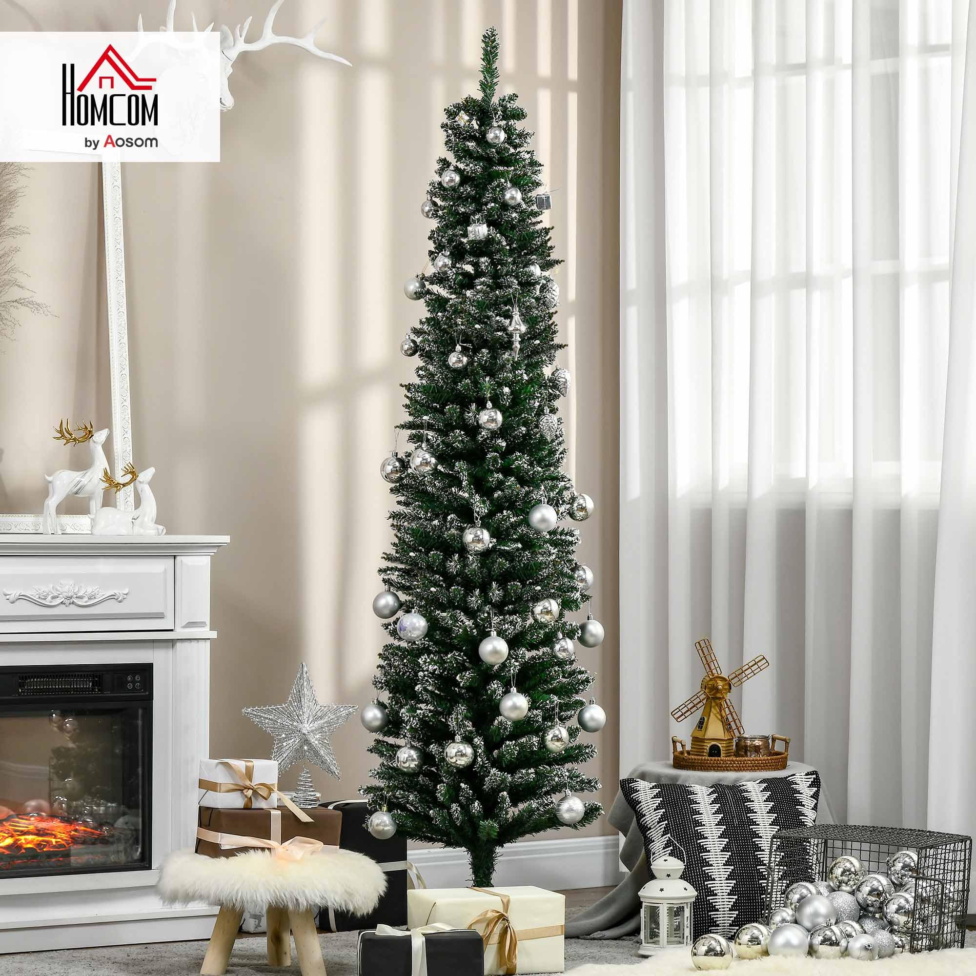 HOMCOM Albero di Natale Slim con 570 Rami, Albero di Natale Innevato Artificiale Alto e Stretto con Base Rimovibile e Pieghevole, Φ53x190cm, Verde