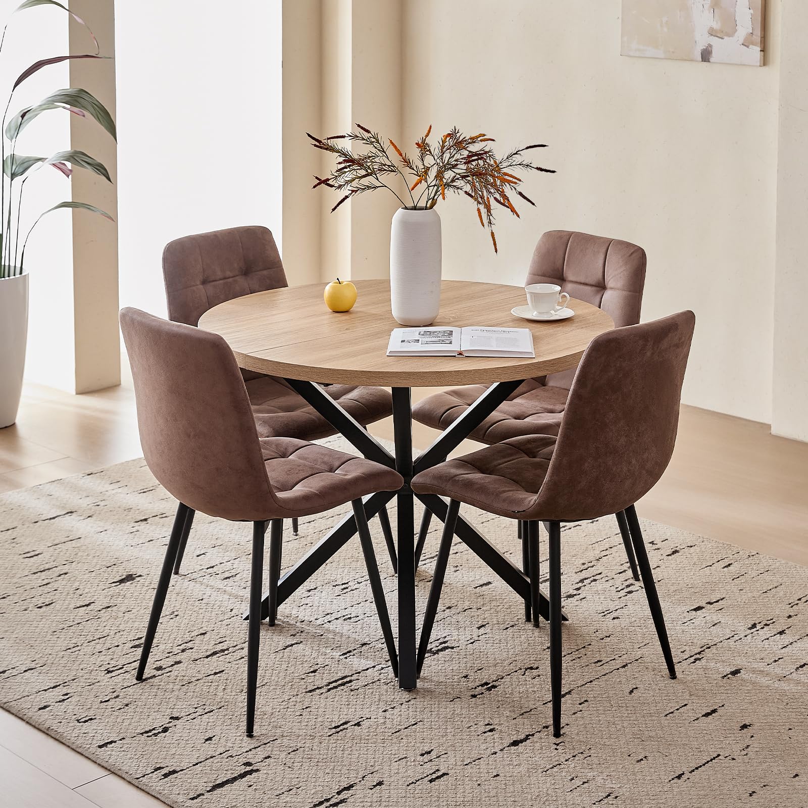 Lecafur HL 39" Round Dining Table Set for 4, Mid Century Kitchen Table with 4 Faux Leather Dining Chairs for Apartment Living Room Space Saving