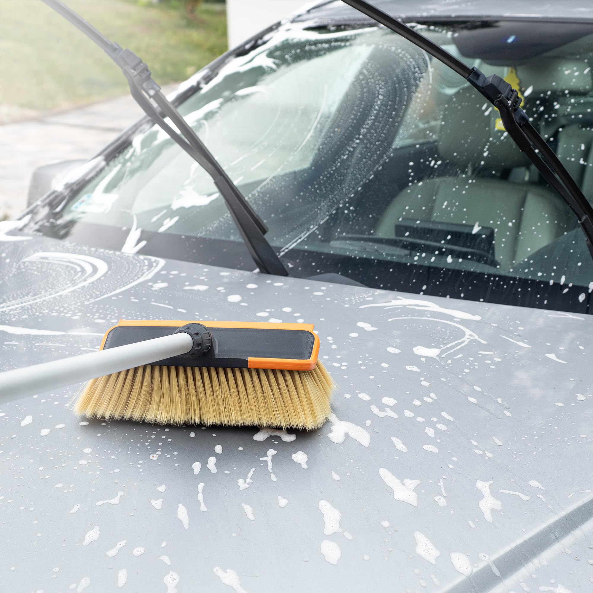 KADAX Cepillo telescópico para lavado de autos con conexión de agua, cepillo de lavado de autos extensible con mango telescópico, cepillo telescópico con cerdas suaves, cepillo de limpieza (115-181cm)