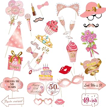33 Pcs 50th Birthday Photo Booth Props Kit Birthday Photo Props Party Supplies Favors Decorations Pink Selfie Prop Photography Photobooth Funny Cute Selfie Supplies Easy to Assemble