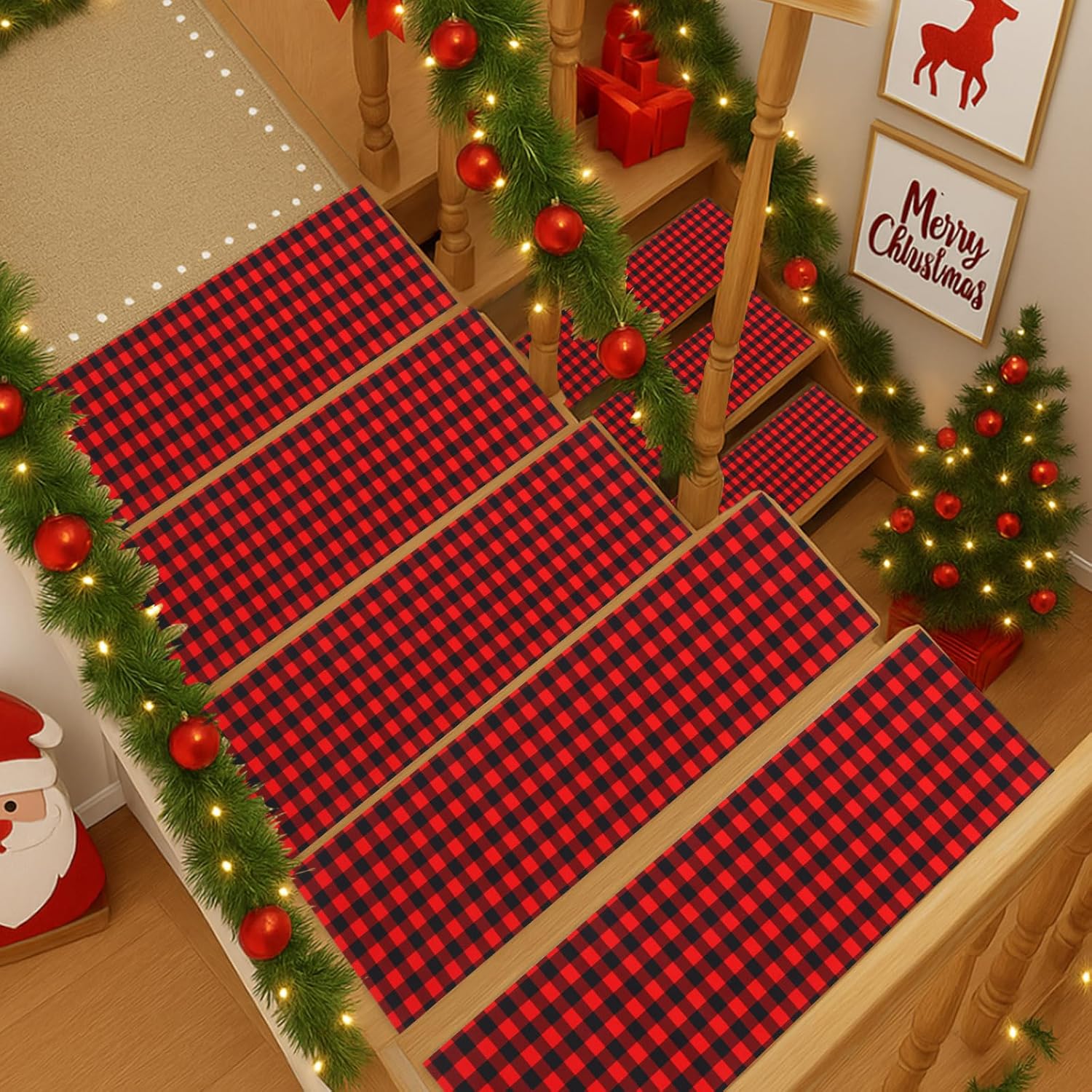15 Packs Christmas Stair Treads 7.87 x 31.5'' Non Slip Stair Treads for Wooden Steps Christmas Peel and Stick Carpet with Reusable Adhesive Indoor Staircase Rugs for Home Elders Pets Supplies