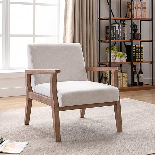 Miniatura 9 de BESTANO Silla decorativa moderna de mediados de siglo, sillón tapizado de lino con marco de madera, silla de granja, silla de esquina para