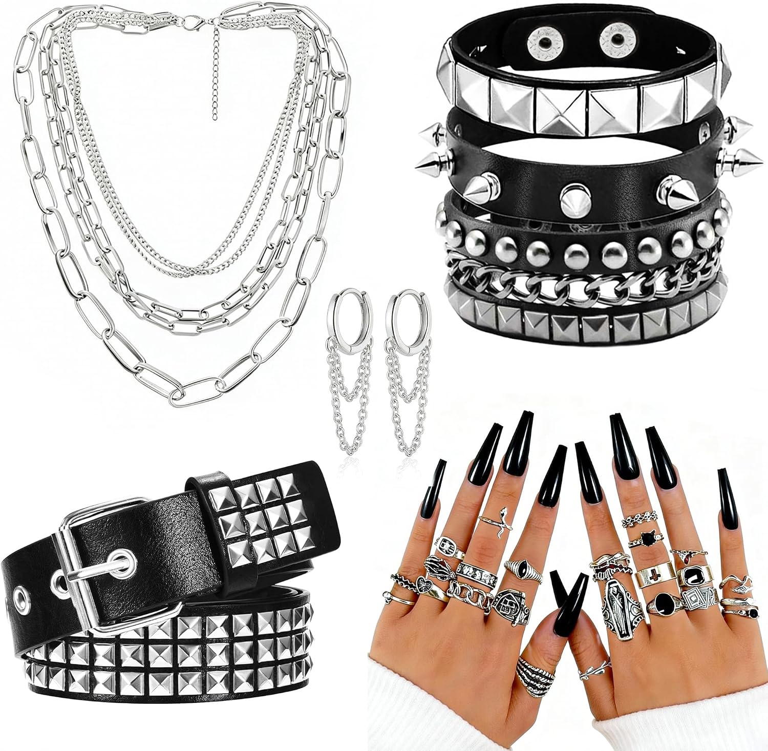 31 Pcs Punk Costume Set for Women Goth Emo Y2k Rock Costume Adjustable for Party Halloween Punk Rock Accessories Set