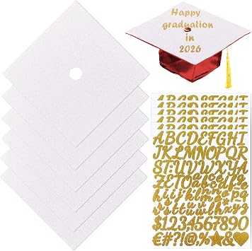 LUFEEMGA Graduation Cap Decorations, 6Pcs Glitter Cardstock Grad Cap Decor,DIY Construction Paper Topper & Alphabet Adhesive Stickers Kit for Graduation Ceremony & Photos/GiftsWhite
