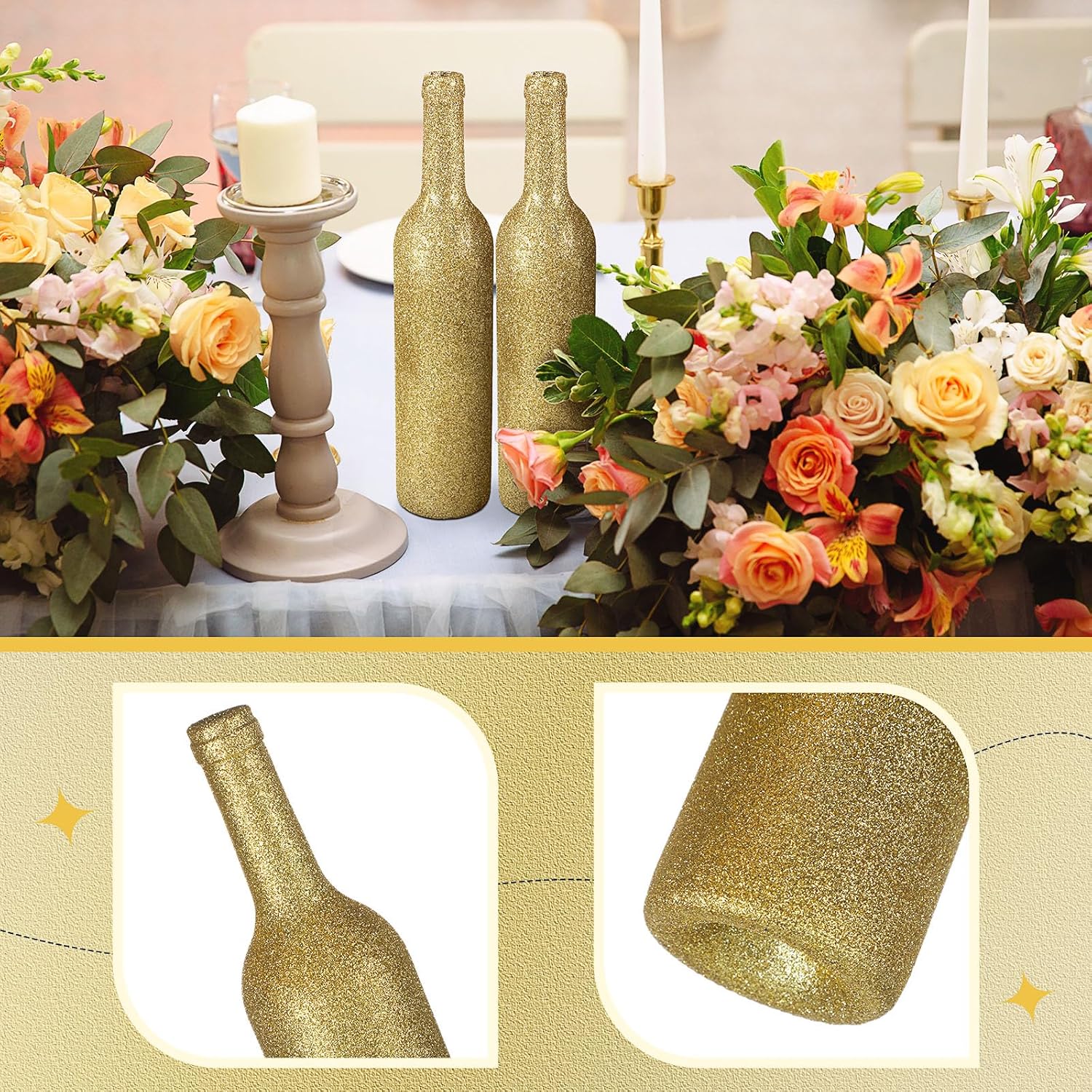 Sliner 12 Pcs Glitter Wine Bottles Glass 750ml Wine Bottles Vintage Vase for Flowers Wedding Decor Centerpiece Christmas Party Favor DIY Crafts(Gold)