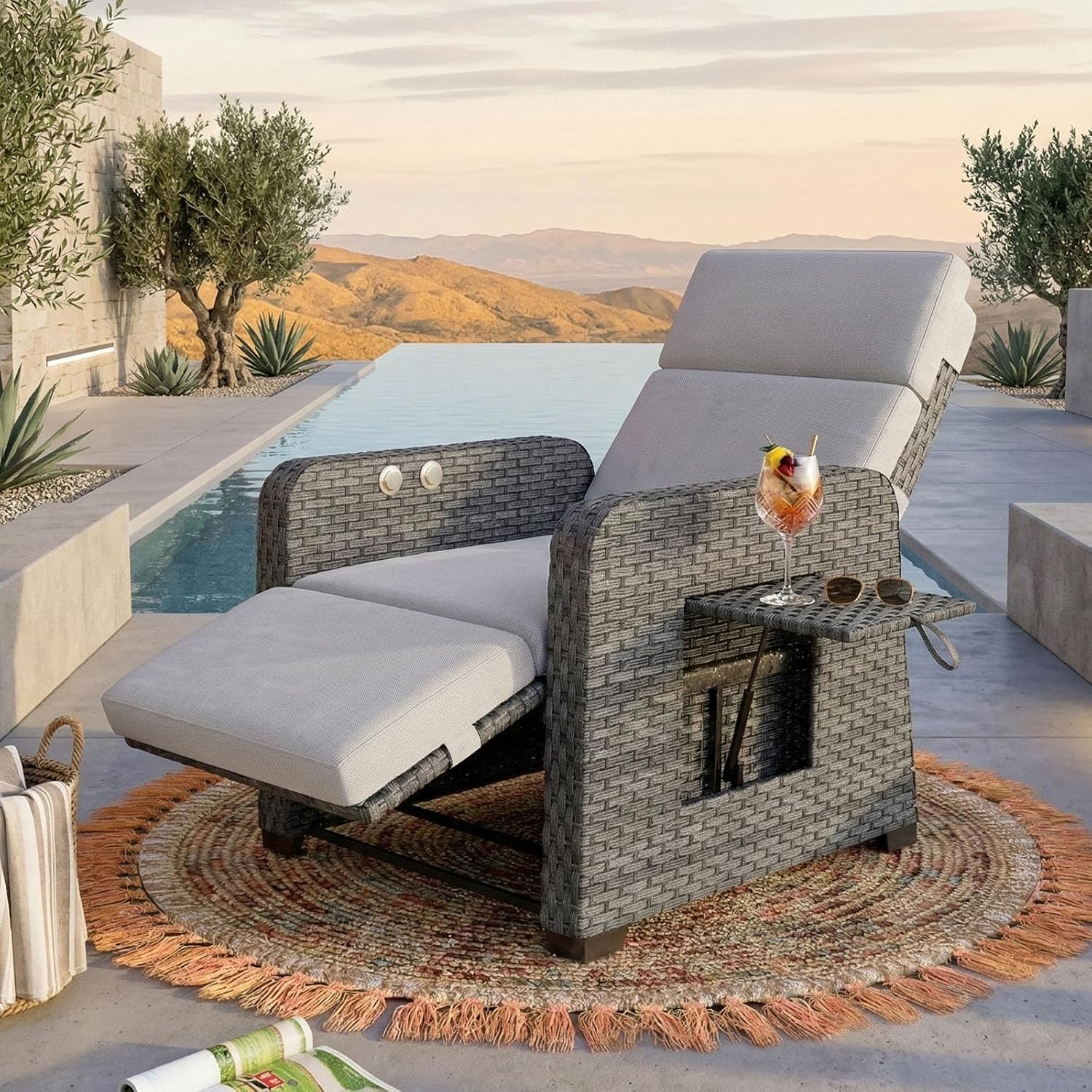 WACASA Outdoor Recliner Chair with Independent Dual-Control – 150° Lay-Flat Wicker Patio Armchair with Air Pump, Flip-Up Side Table, Extended Footrest & 5" Thick Fade-Resistant Olefin Cushions