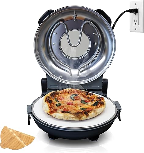 Horno eléctrico para hacer pizza con piedra de cerámica de 12 pulgadas y palas de madera – 1200 W, 800 °F máximo | Horno de pizza de encimera para