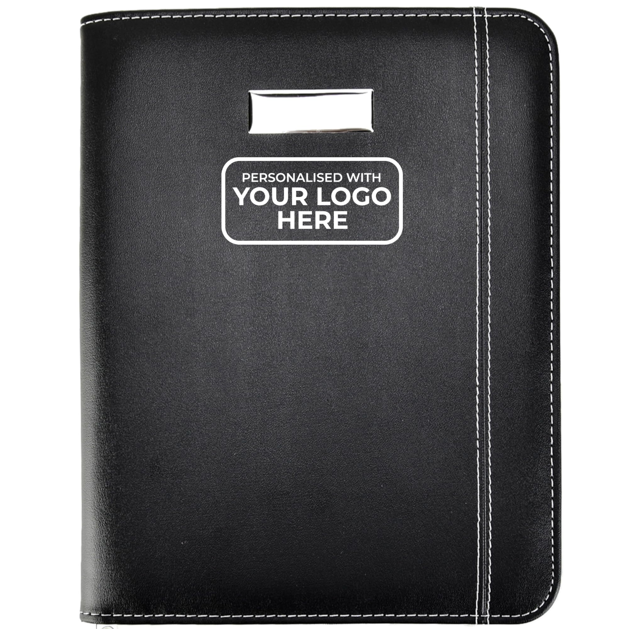 Arpan Personalised Custom Logo Black Faux Leather A5 Size Zipped Conference Folder with A5 Lined Writing Pad, Calculator, Pen Holder, Card Pockets- Perfect for Meetings, Conferences (CL-9583-Logo)