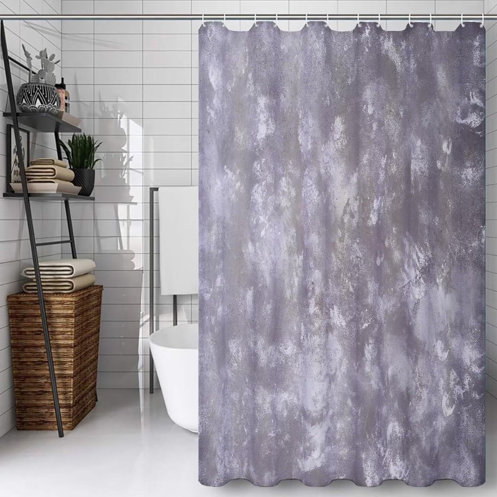 Rideau douche fini le sol mouillé grâce au tissu étanche et lesté gris abstrait