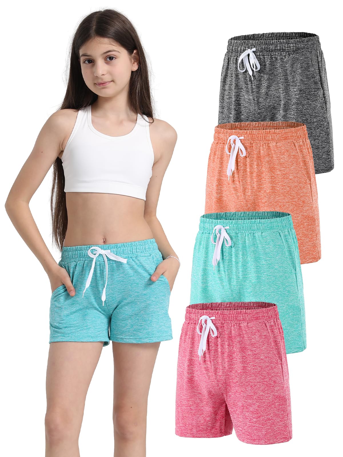 Celfaeree 4er Pack Mädchen Shorts Trainingshose Active Shorts Kurze Hosen with Elastischer Sommer Gym Running Radlerhose Kinder 6-16 Jahre