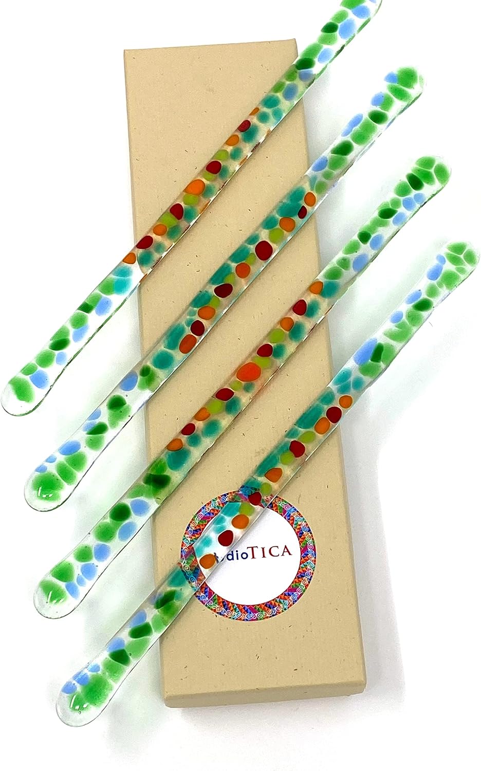 Handmade Glass Swizzle Sticks: Great Green Macaw (Birds of Paradise) - 7.25 inch stirrer for Coffee Tea and Mugs - Set of 4 with Gift Box by studioTica