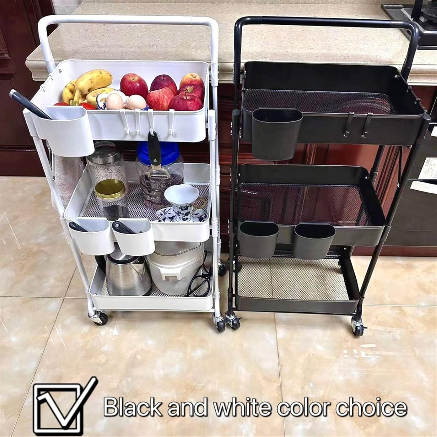 Storage Trolley Iron Three-Layer Storage Rack, Floor Standing Movable with Armrest, Living Room, Kitchen, Bedroom, Foldable Cart Shelving Organizer(White)