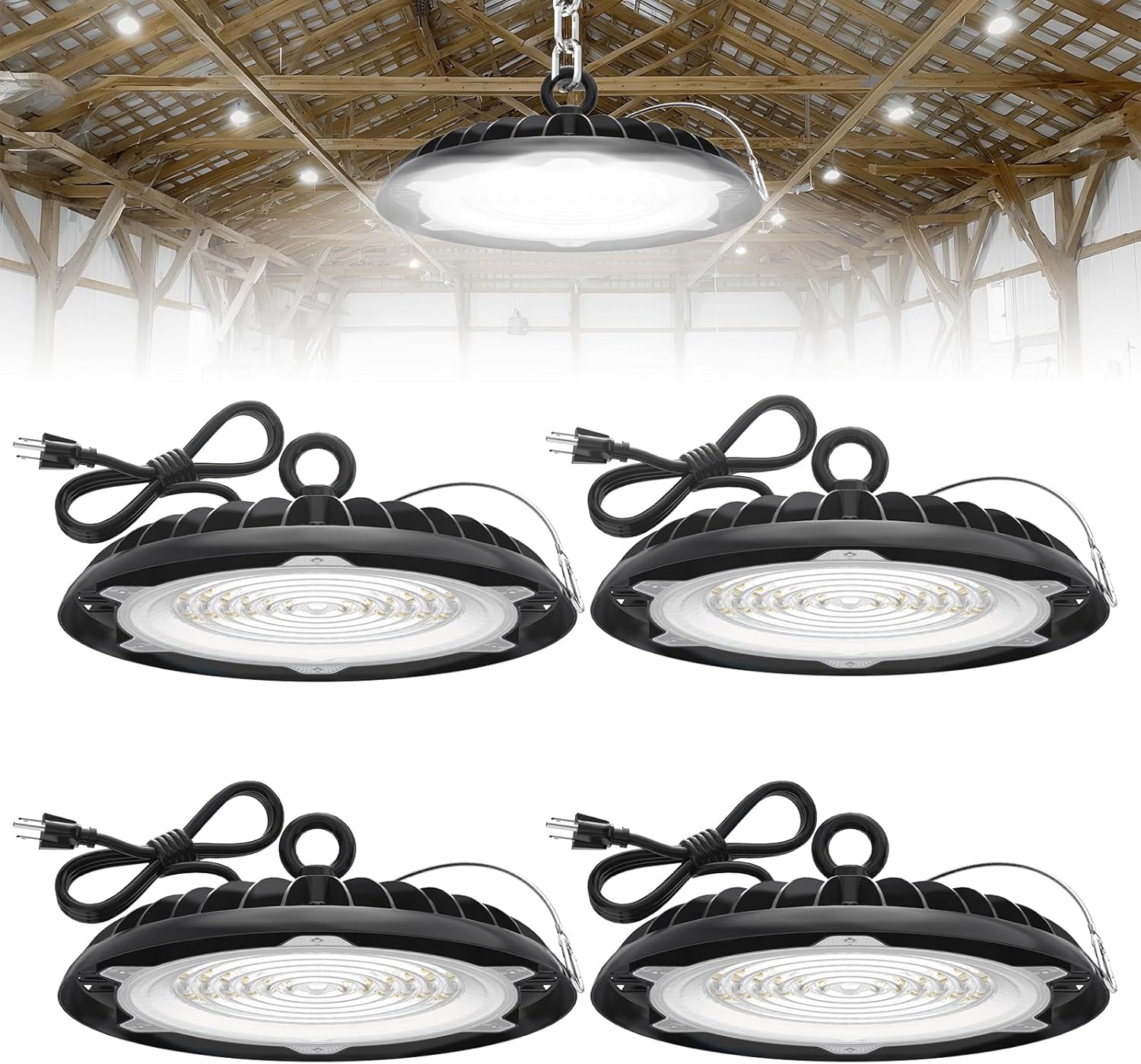 HYPERLITE High Bay LED Lights: 4-Pack 150W UFO LED Light with Plug & Play Plug - 5000K IP65 Waterproof Shatterproof Lighting Fixture