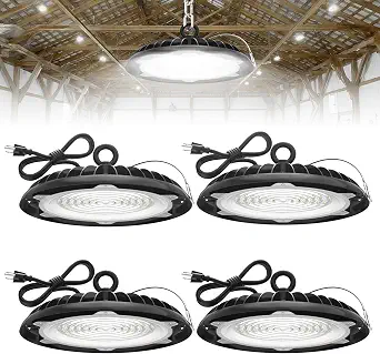 HYPERLITE 4-Pack 150W UFO High Bay LED Lights with Plug & Play, 5000K, IP65 Waterproof, Shatterproof Aluminum Housing