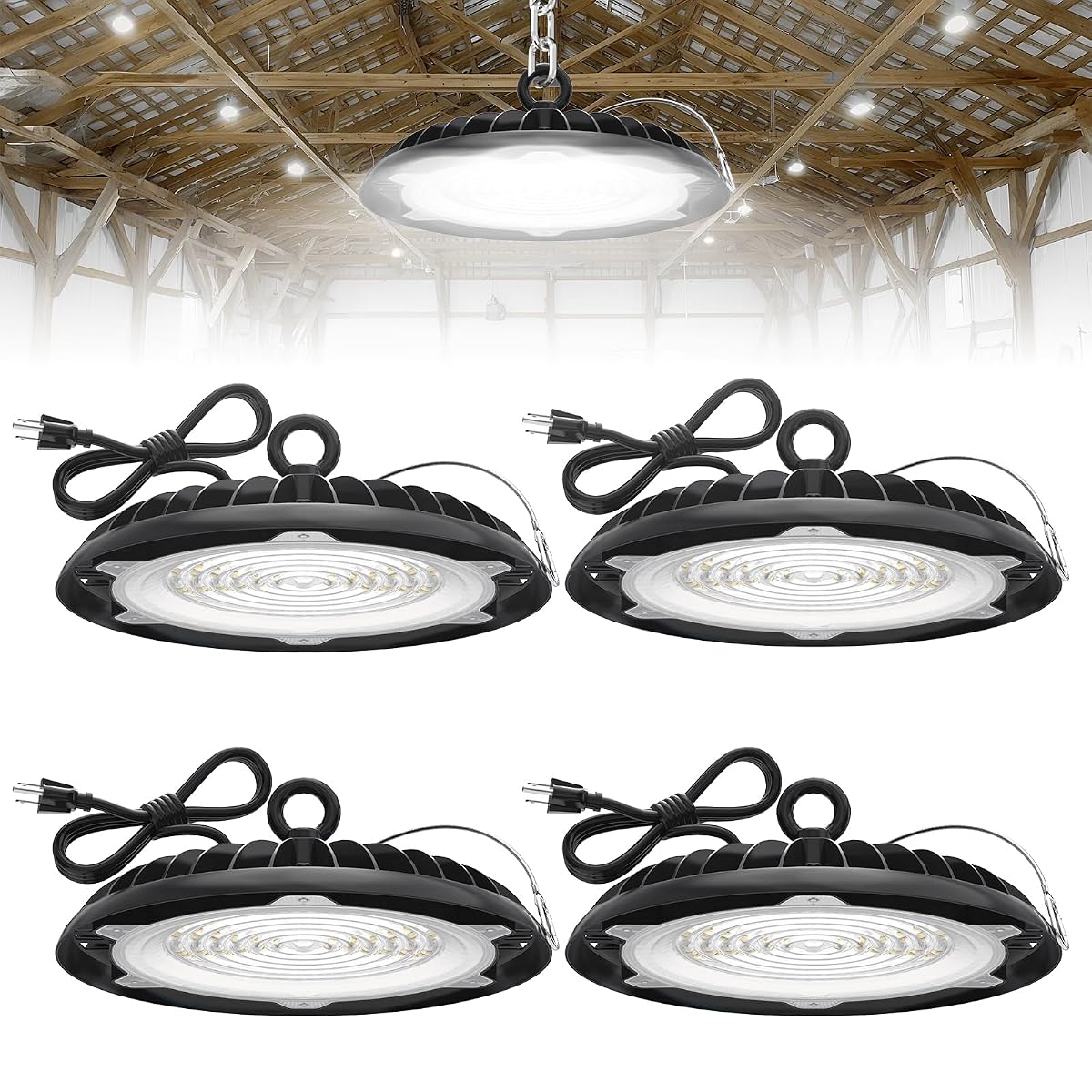 HYPERLITE High Bay LED Lights: 4-Pack 200W UFO LED Light with Plug & Play Plug