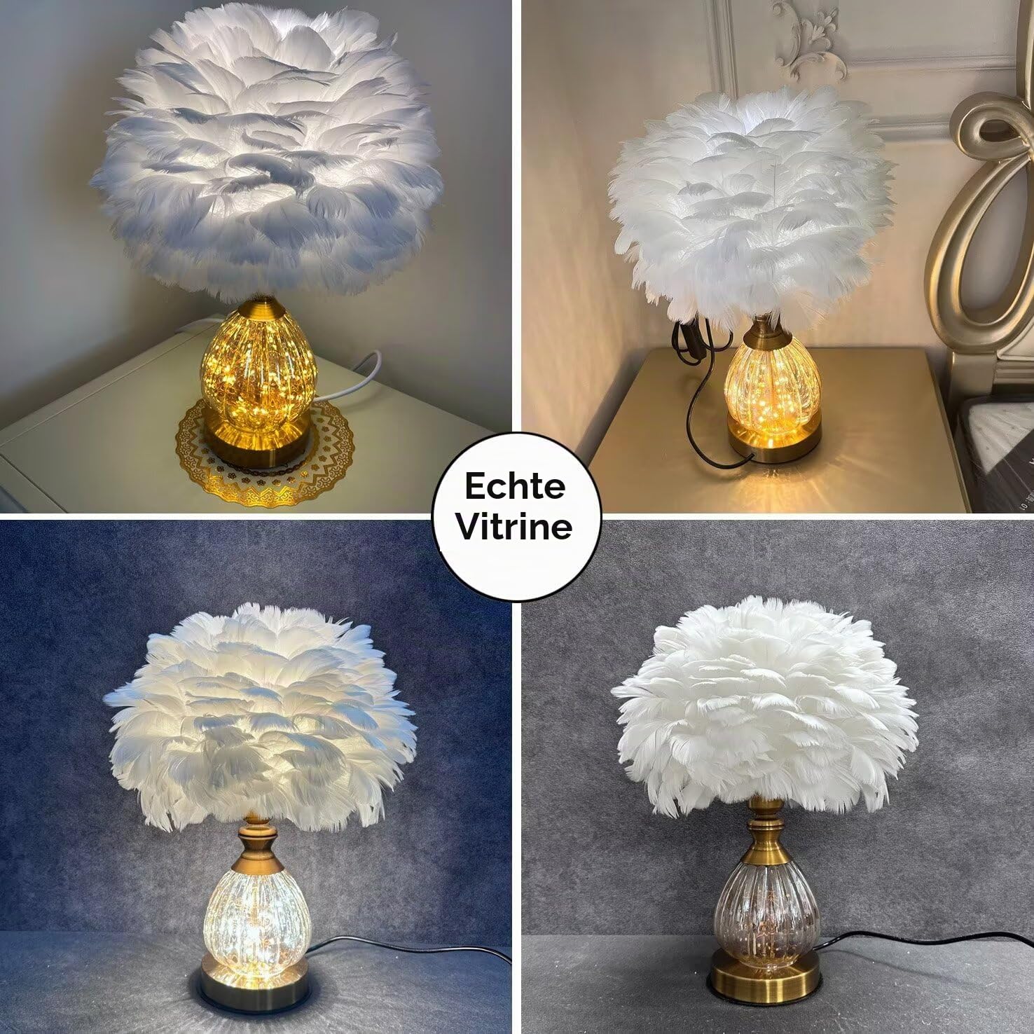 Tischlampe aus Kristallfedern mit Lichterkette Romantische Tischbeleuchtung aus Federn Luxus-Nachttischlampe mit Federlampenschirm für Wohnzimmer, Schlafzimmer