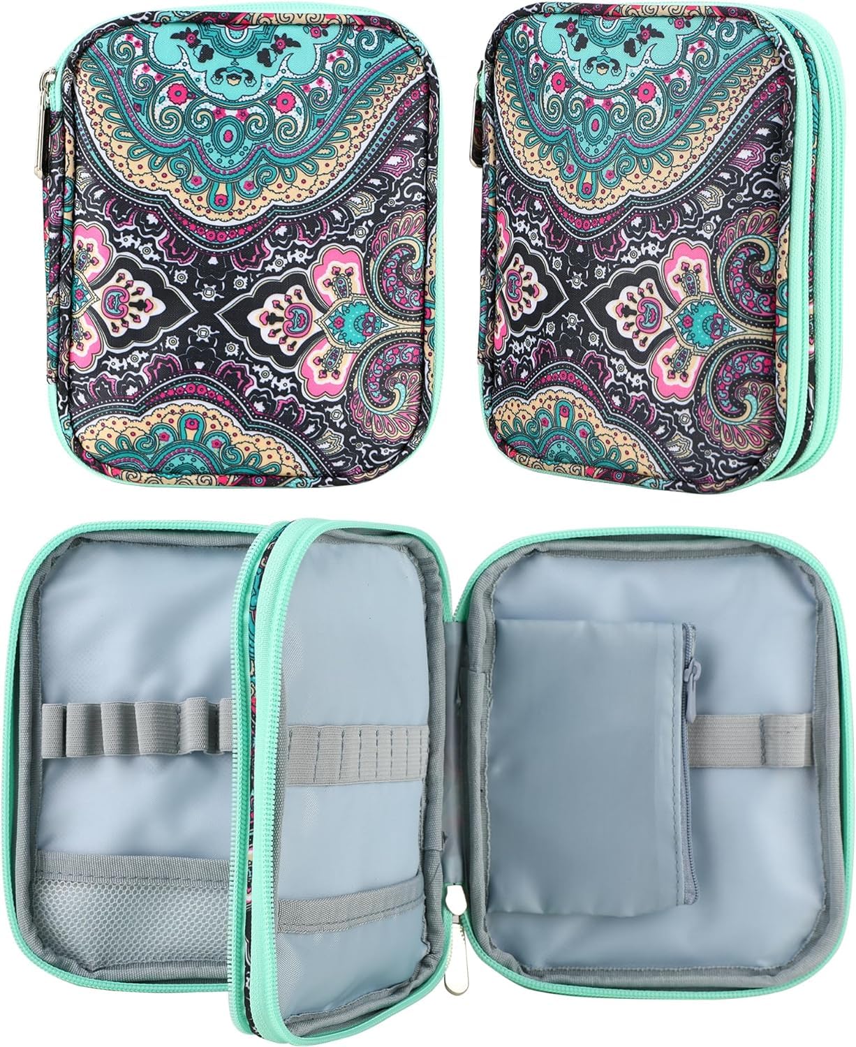 JOZEA Custodia per uncinetto con cerniera e tasche Web per ferri da uncinetto, borsa organizer leggera per kit di lavoro a maglia (motivo blu)