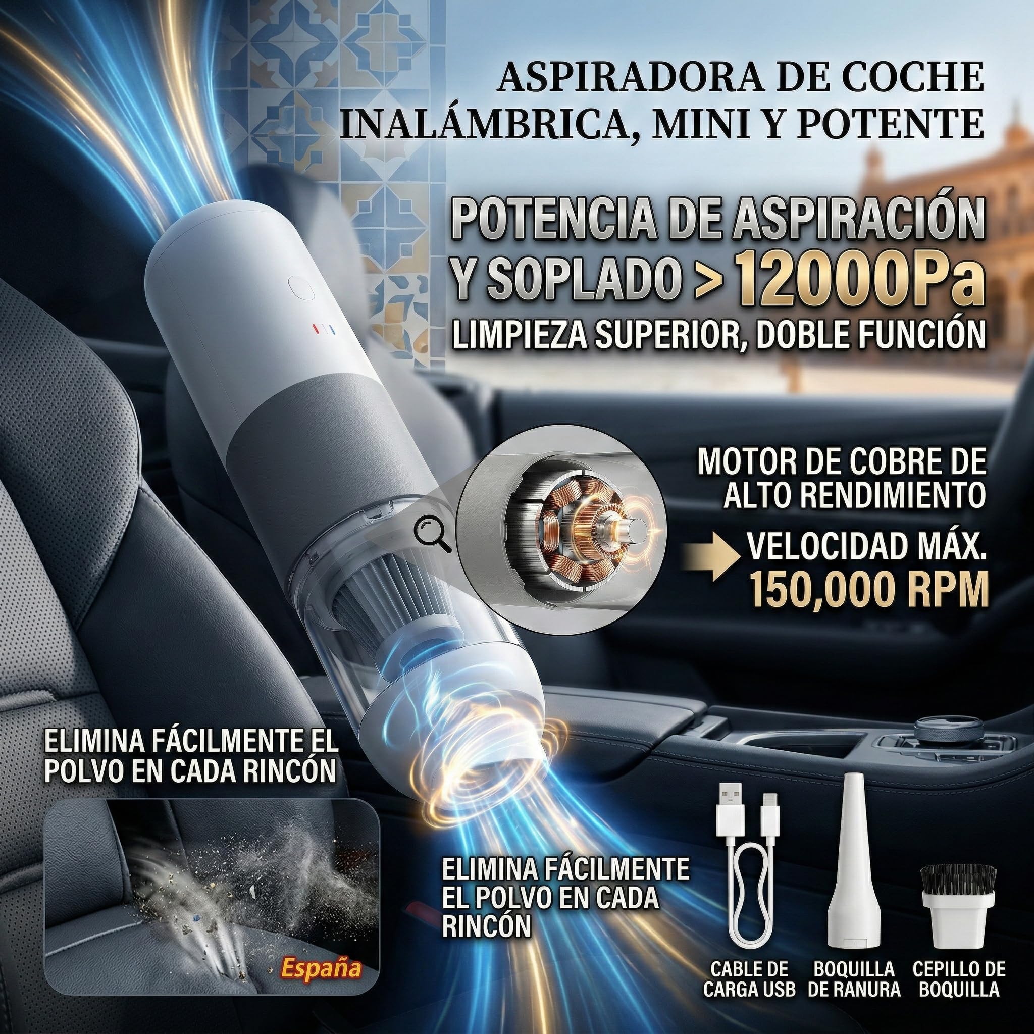 Genérico Aspiradora Sin Cable Coche 15000Pa, Aspirador 2 en 1 con Soplador para Coche y Hogar, Mini Aspiradora de Mano Potente con 2 Baterías Recargables y Kit Accesorios