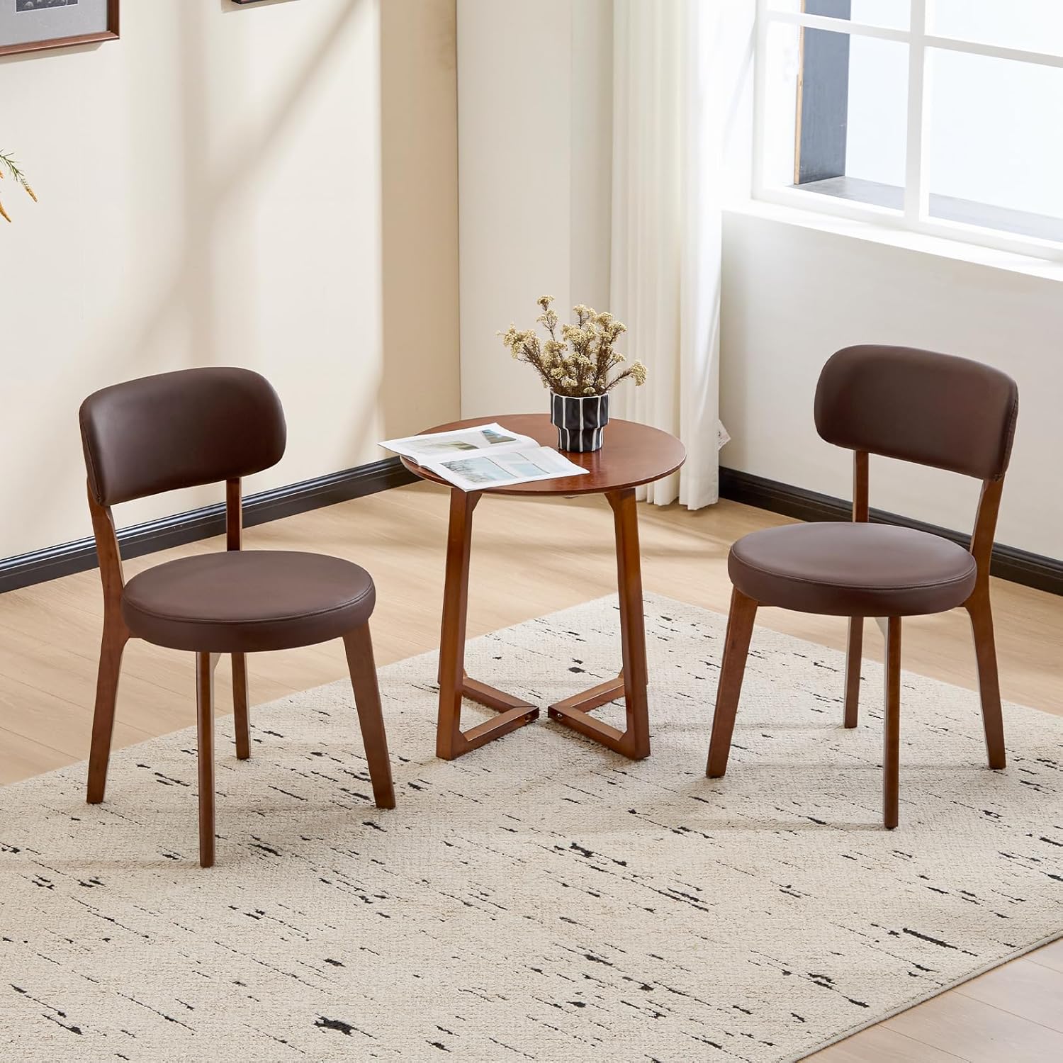Furniliving Wooden Dining Chairs Set of 2, Mid-Century Modern Leather Upholstered Kitchen Chair with Solid Oak Wood, Farmhouse Dining Room Chairs, Brown