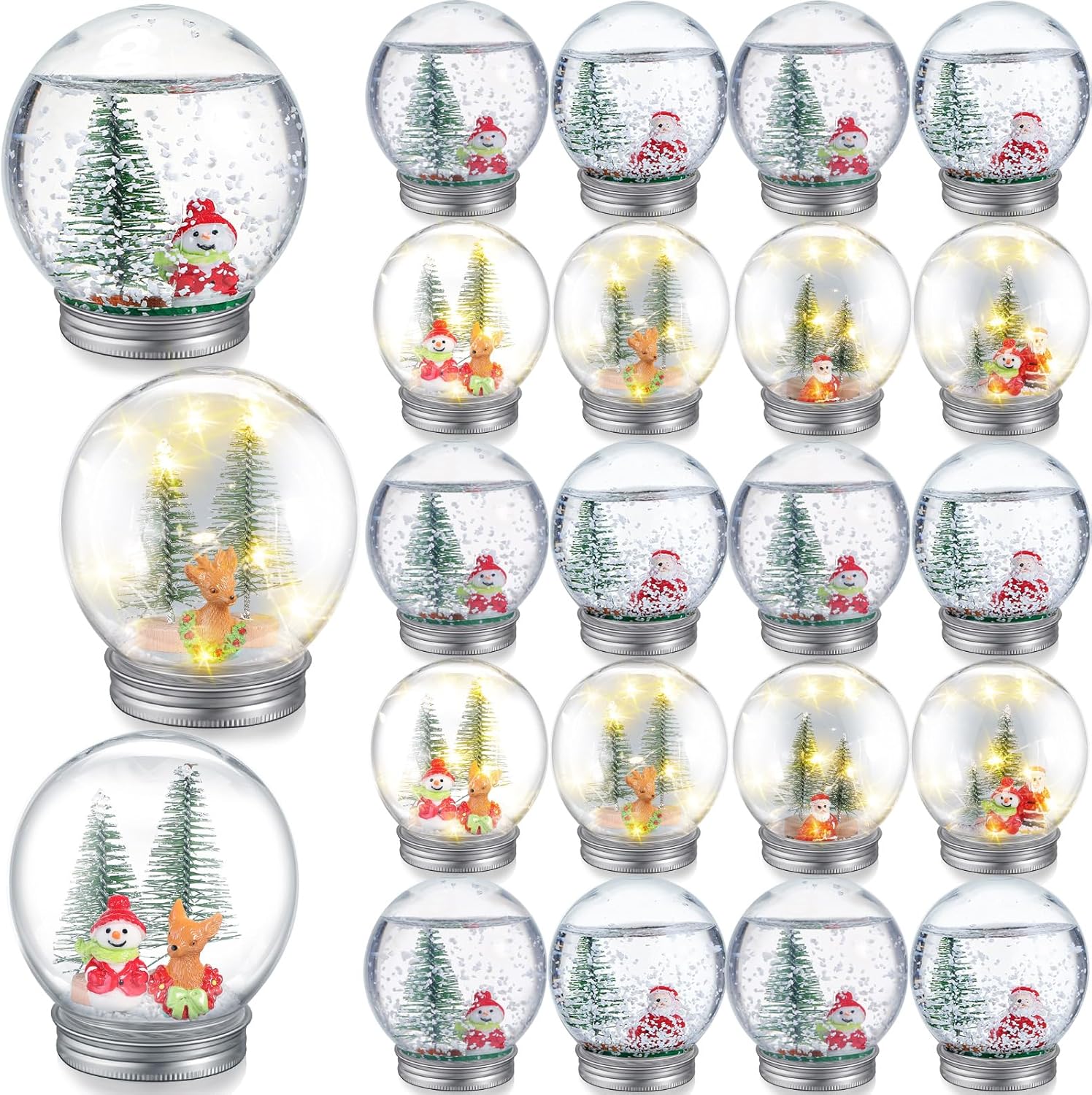 Liliful 30 Pack Christmas DIY Snow Globe Kit Including 3.58 Inch LED Plastic Snow Globe with Screw Off Cap Artificial Mini Tree Snowman Santa Deer Pine Cones and Lights for Party Decorations