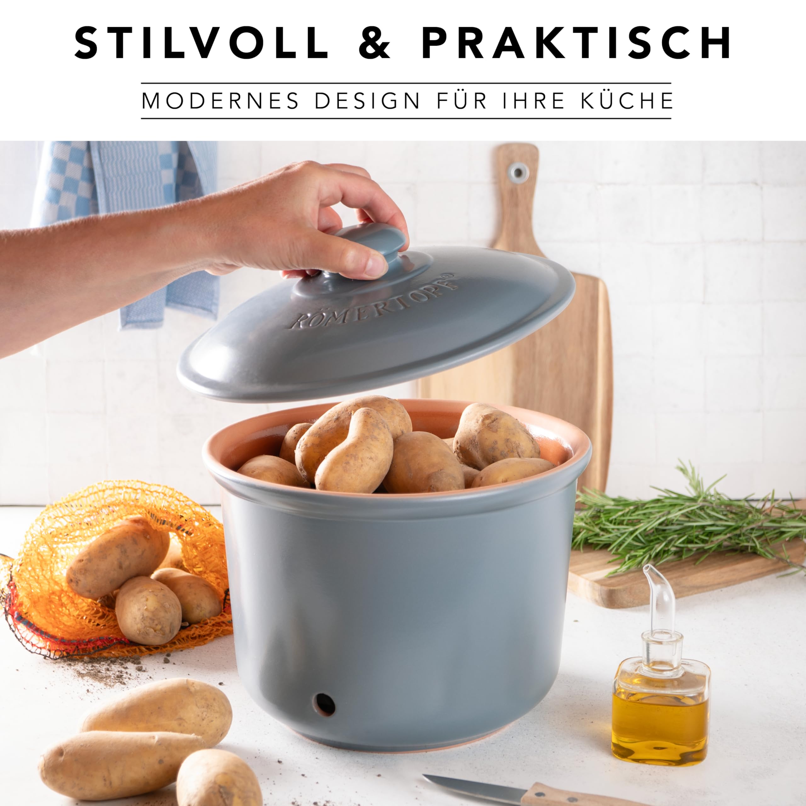 Römertopf Contenitore per Patate in Ceramica – Conserva Patate Fresche più a Lungo, Traspirante e Areato, Blu-Grigio, tradizione dal 1967