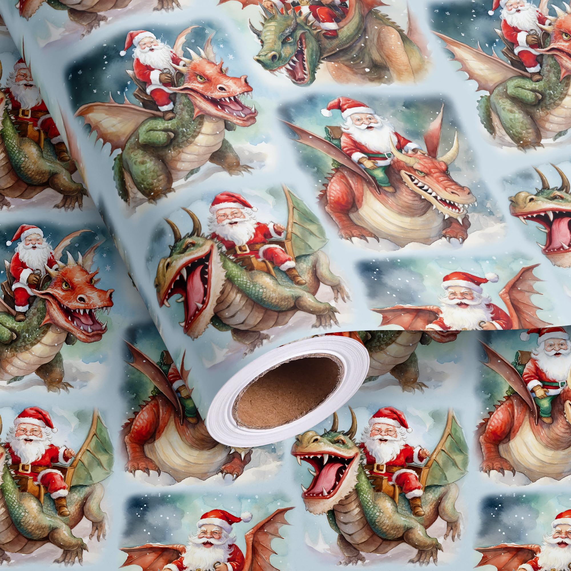 Dtiafu Dragon Christmas Wrapping Paper Roll for Boys Kids Funny Santa Claus with Dinosaur Design Xmas Dragon Gift Wrap for Holiday Winter Party Celebration - Total 28.5sq.ft