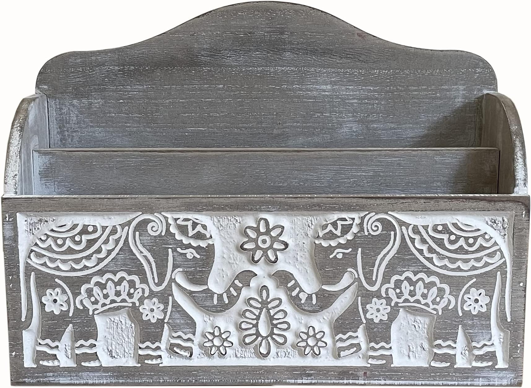Wooden Letter Rack with Indian Elephant Carving - Natural Wood, 24.5cm x 18cm - Perfect for Organizing Letters & Adding Charm"