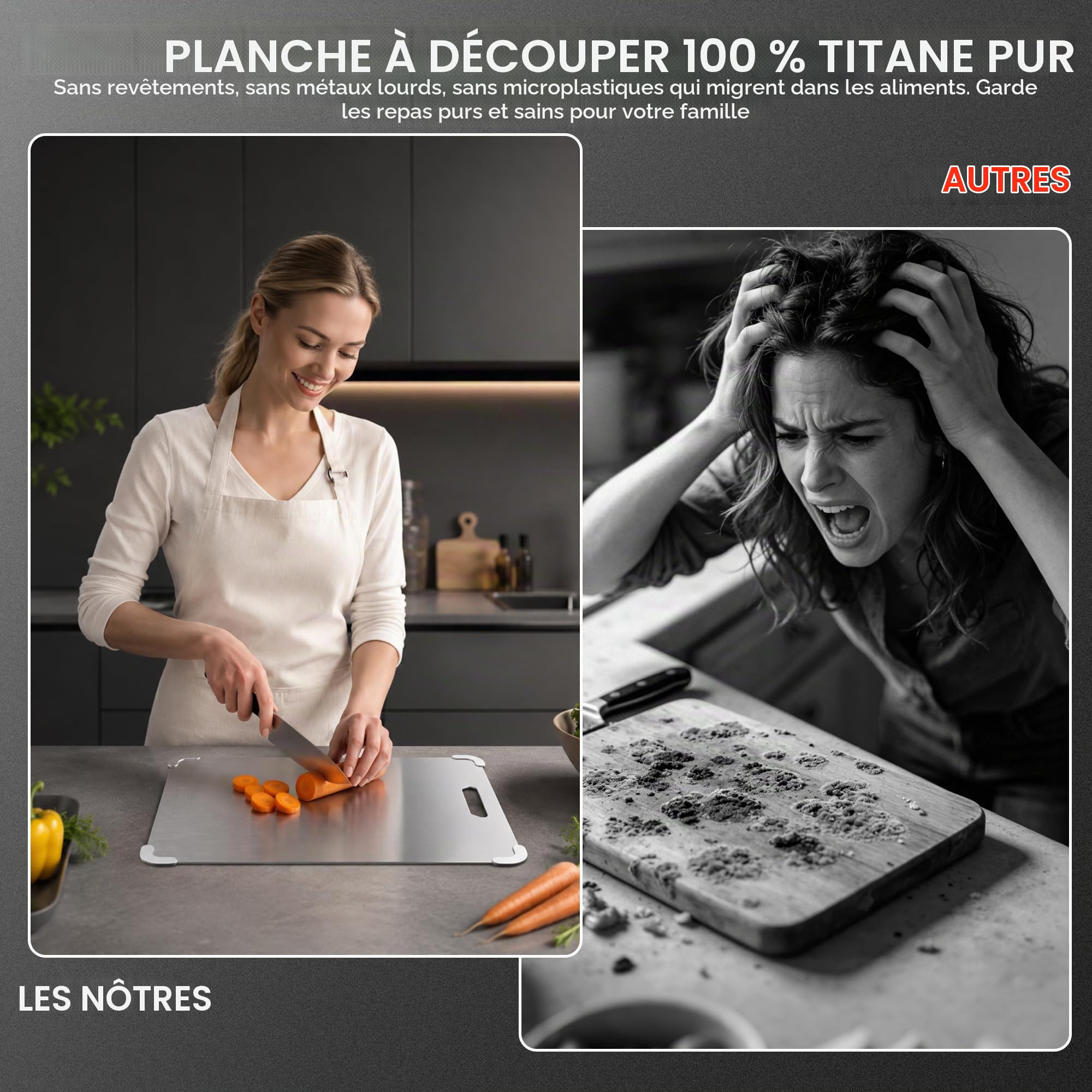 Planche à Découper 100% Titane pur Qualité Alimentaire, Surface non Poreuse Hygiénique sans Microplastique, Lavable en Lave-vaisselle pour Viande Légumes Fruits Cuisine Camping 34x23x0.2cm, 720g