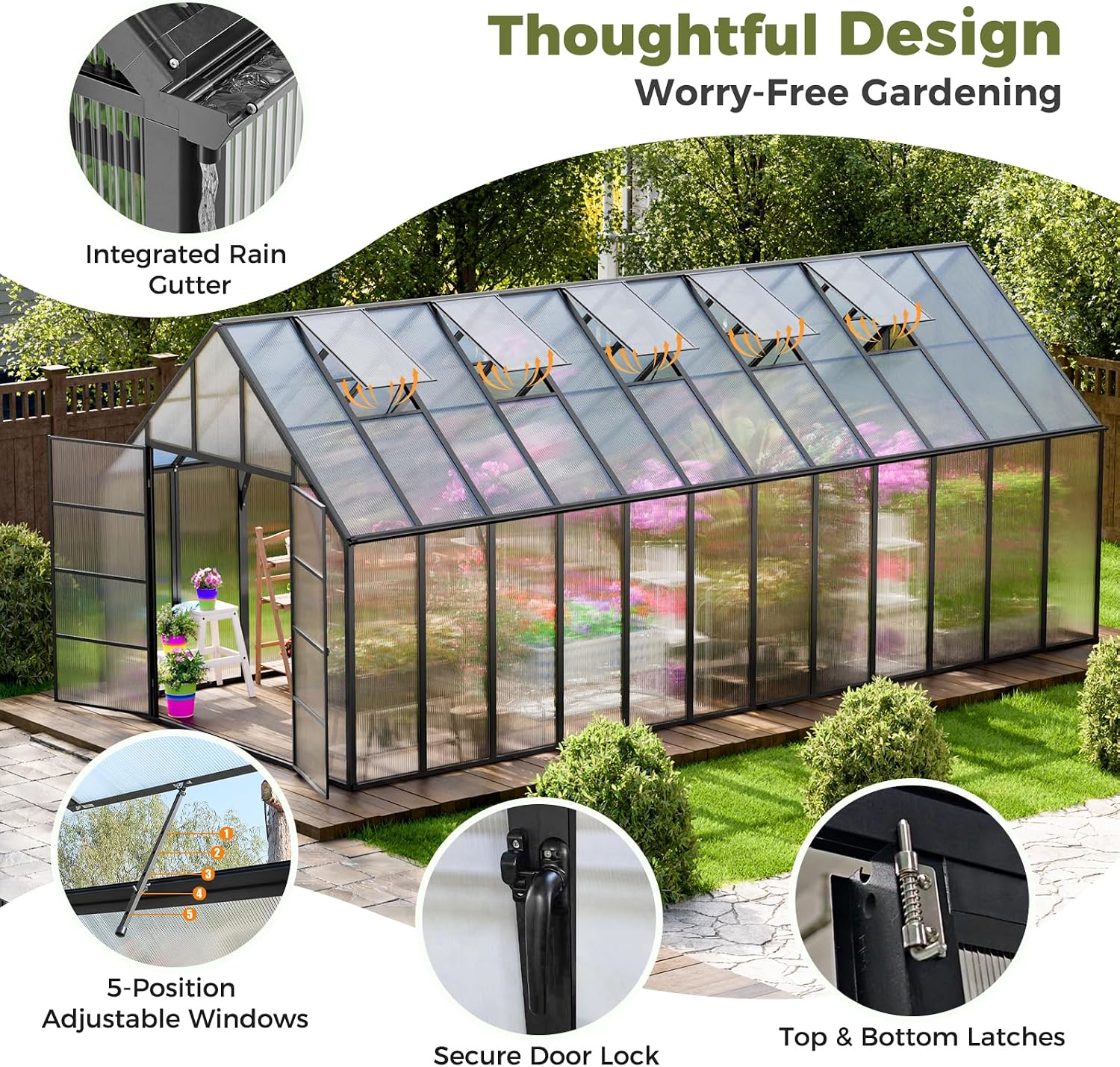 K Knowbody 24x10x10 FT Greenhouse for Outdoors, Large Thicker Aluminum Polycarbonate Kit, 5 Vent Windows, Swing Door, Walk-in, for Sunroom, Patio, Backyard