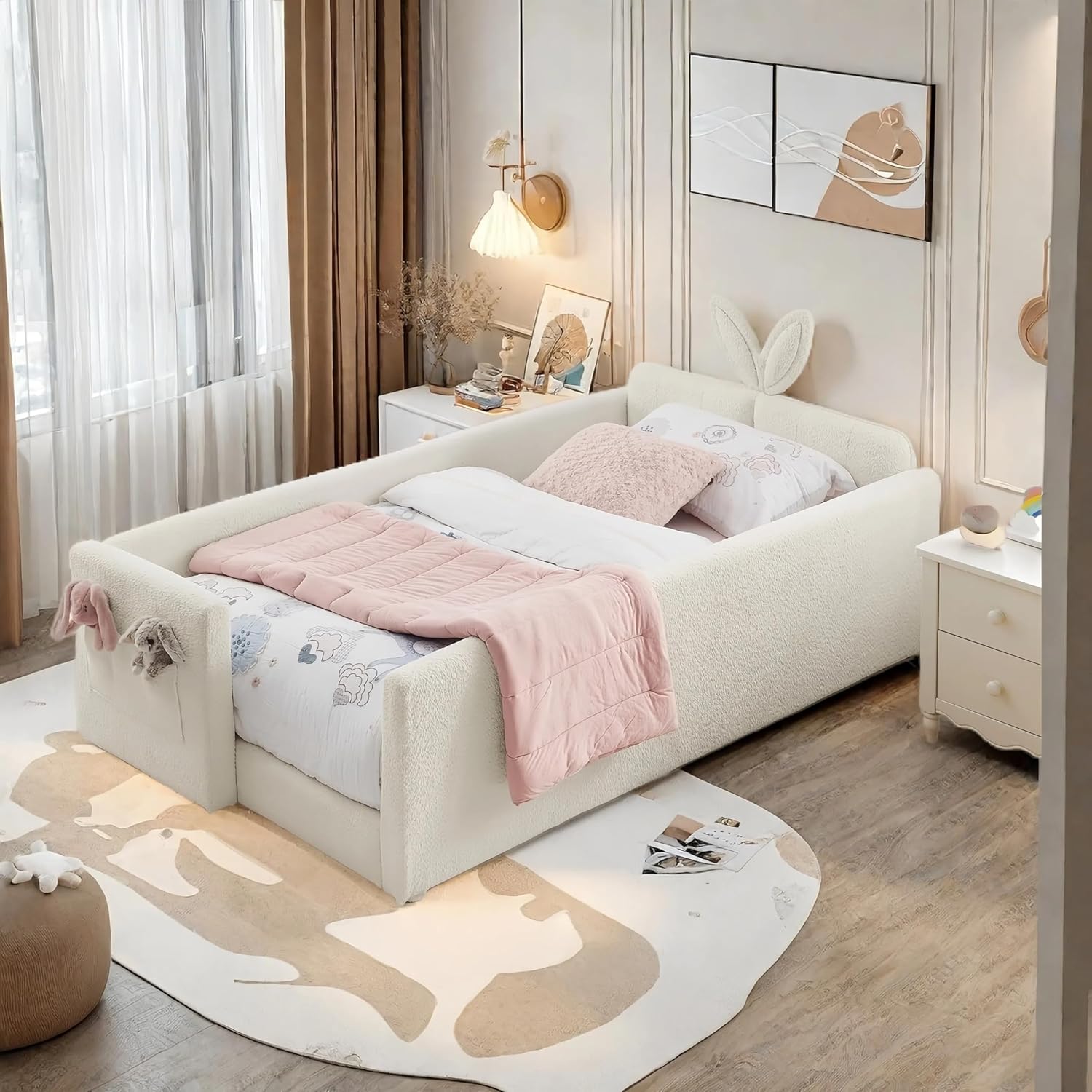 SOFTSEA Twin Size Upholstered Bed for Kids, Cute Daybed Floor Bed with Rabbit Ear Shaped Headboard, Pocket & Rails, Boucle Platform Bed Frame for Kids Teens Girls Boys, Beige