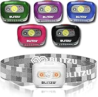 Vista 10 de BLITZU - Linterna LED de minero, para adultos y niños – Impermeable y súper brillante, lámpara CREE con luz roja, cómoda diadema perfecta para Camo