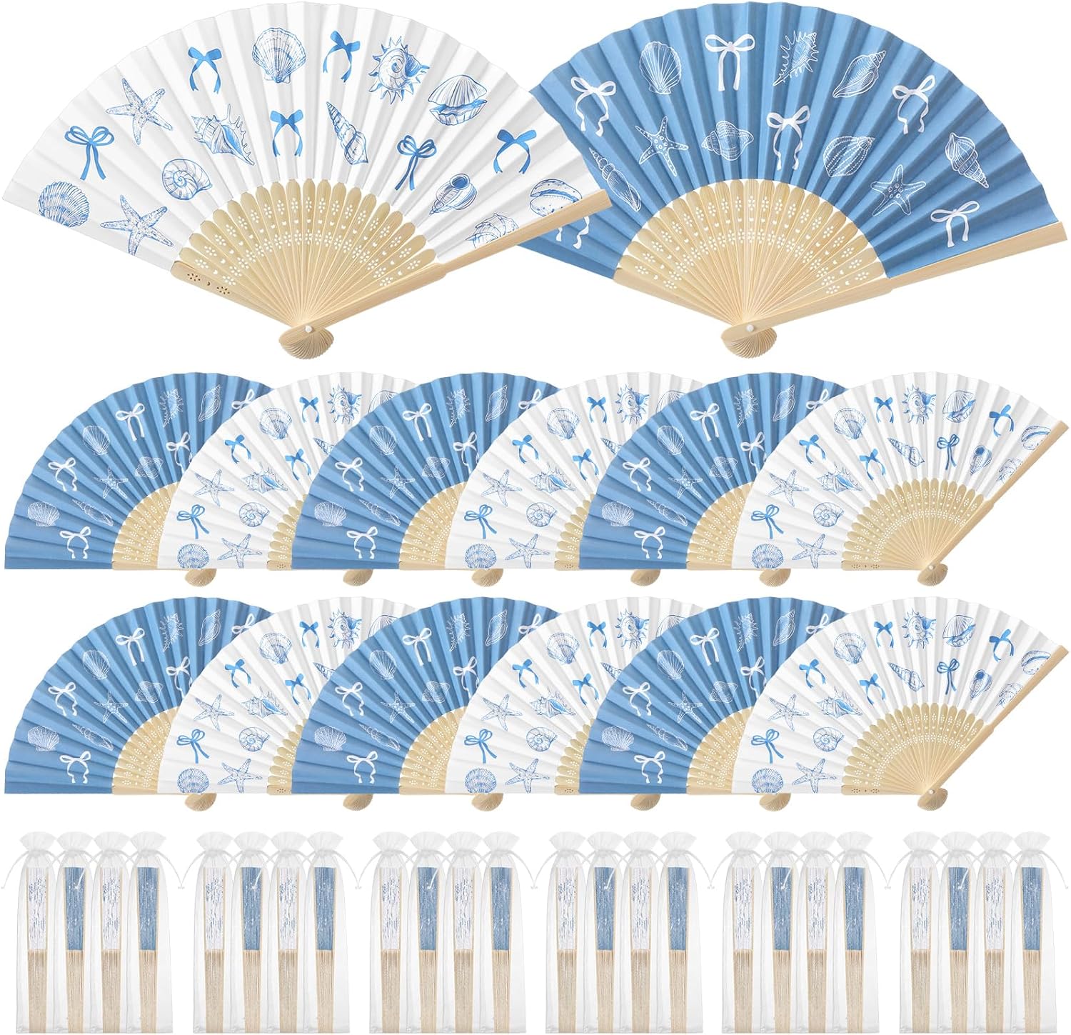 Wenqik 24 Sets Coastal Seashell Folding Fans Bulk with Organza Bags Blue Bow Beach Paper Hand Fans for Wedding Last Toast on The Coast Baby Shower Summer Ocean Under The Sea Party Favors Supplies