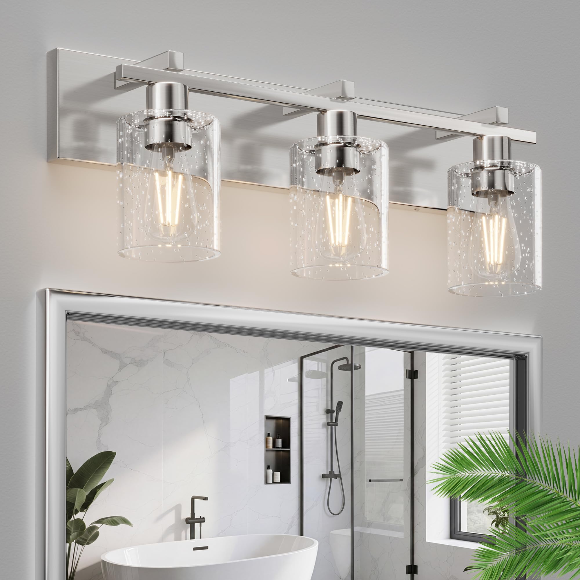 3-Light 21inch Brushed Nickel Vanity Light, Thickened Seeded Glass | Over Mirror for Bathroom, Rust Resistant, E26 Base, Easy Install, Removable Glass Shade Horizontal Mount, Dimmable