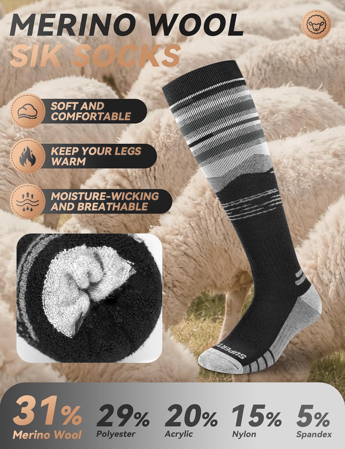 Supertrip 2 Pairs Merino Wool Ski Socks for Womens Mens, Full Cushion Thermal Winter Warm Thick Socks for Skiing Snowboarding - Image 3