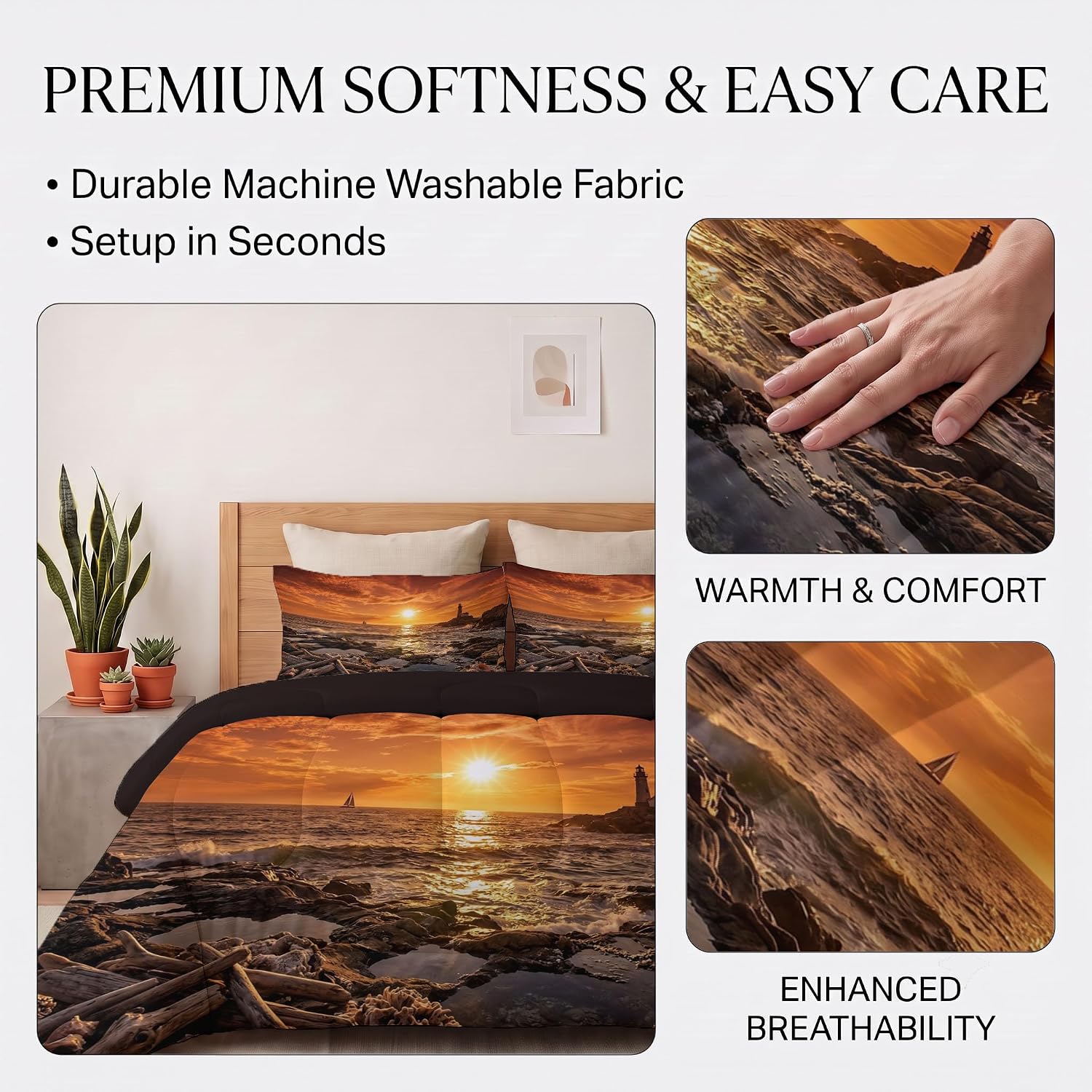 Magnificent Sea View Comforter Set Full Size, Sunset Over Coastal Wind Tower Print Breathable Bedding Set for Girls Boys Teens, Orange Quilt Duvet with 2 Pillow Cases