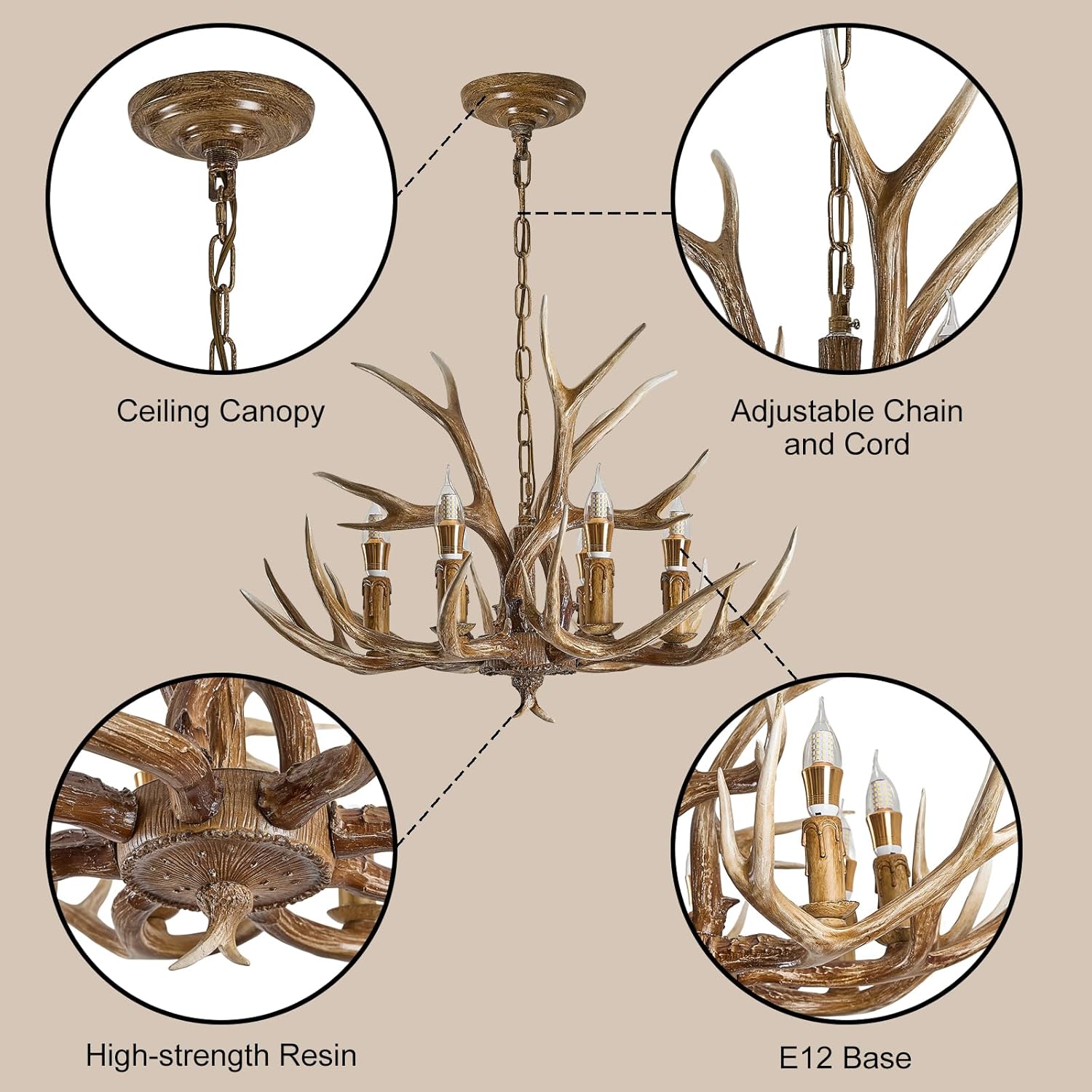 Antlers Chandelier 6 Light,Deer Chandelier Fixtures,Rustic Farmhouse Horn Antler Lighting for Living Room Bedroom Dining Room Kitchen Cafes,Bars,Kitchen Foyer(6 Lamp Arms+ 3 Arms)