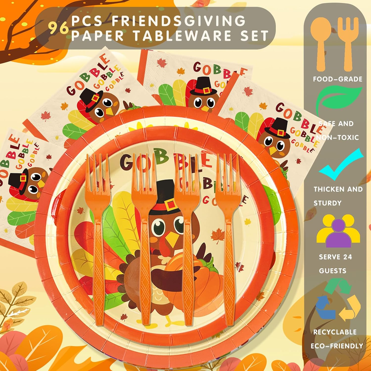 YQUQWN 96 PCS Thanksgiving Turkey Paper Plates and Napkins Set Turkey Party Supplies Thanksgiving Disposable Tableware Set for Fall Party Decoration Supplies Gift Serve 24