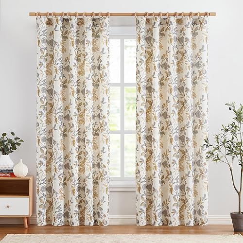 Miniatura 2 de jinchan Cortinas de lino para sala de estar, cortinas de otoño con estampado de hojas tropicales, cortinas botánicas de lino con bolsillo para