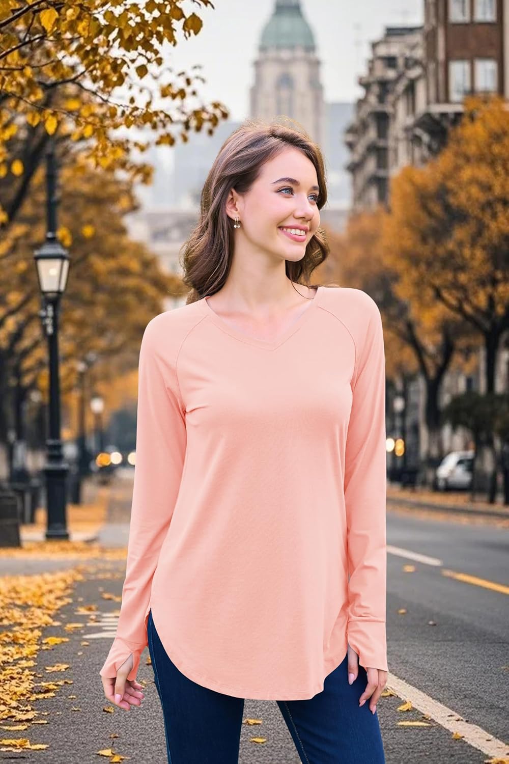 YUCOLEN Womens Tunic Tops for Leggings Loose Fit Long Sleeve Shirts with Thumb Holes Cotton V-Neck T-Shirts - Image 7