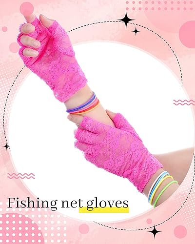 Miniatura 5 de Blulu Accesorios de disfraz de los años 80, diadema de encaje, aretes, guantes de red, collar, pulsera para fiesta retro de los años 80