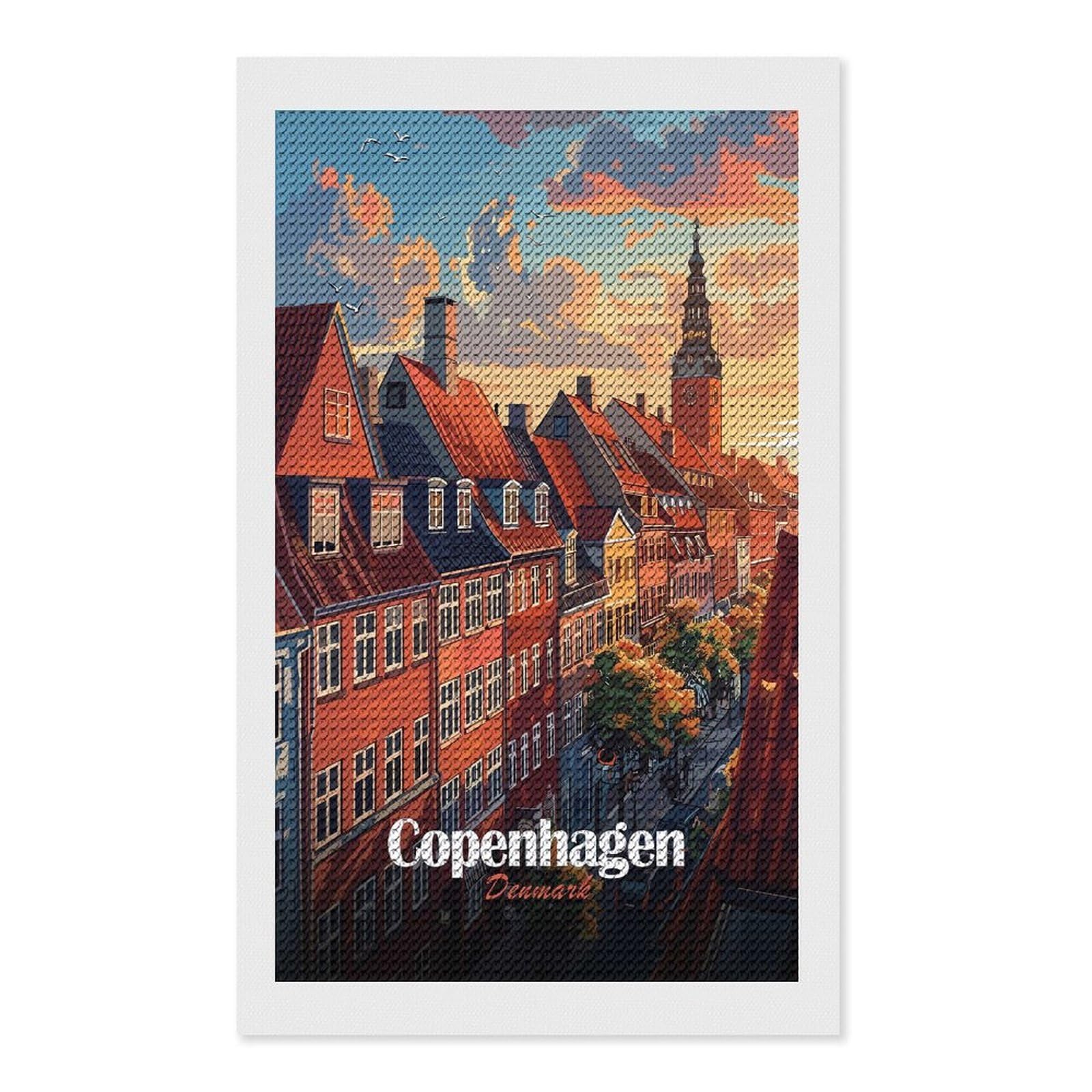 Junmoney Copenhagen, Denmark Cityscape Art Diamond Painting Set 12"x20", Arts and Crafts, Wall Art Gift, Full Kit Included, Relaxing Handmade Project