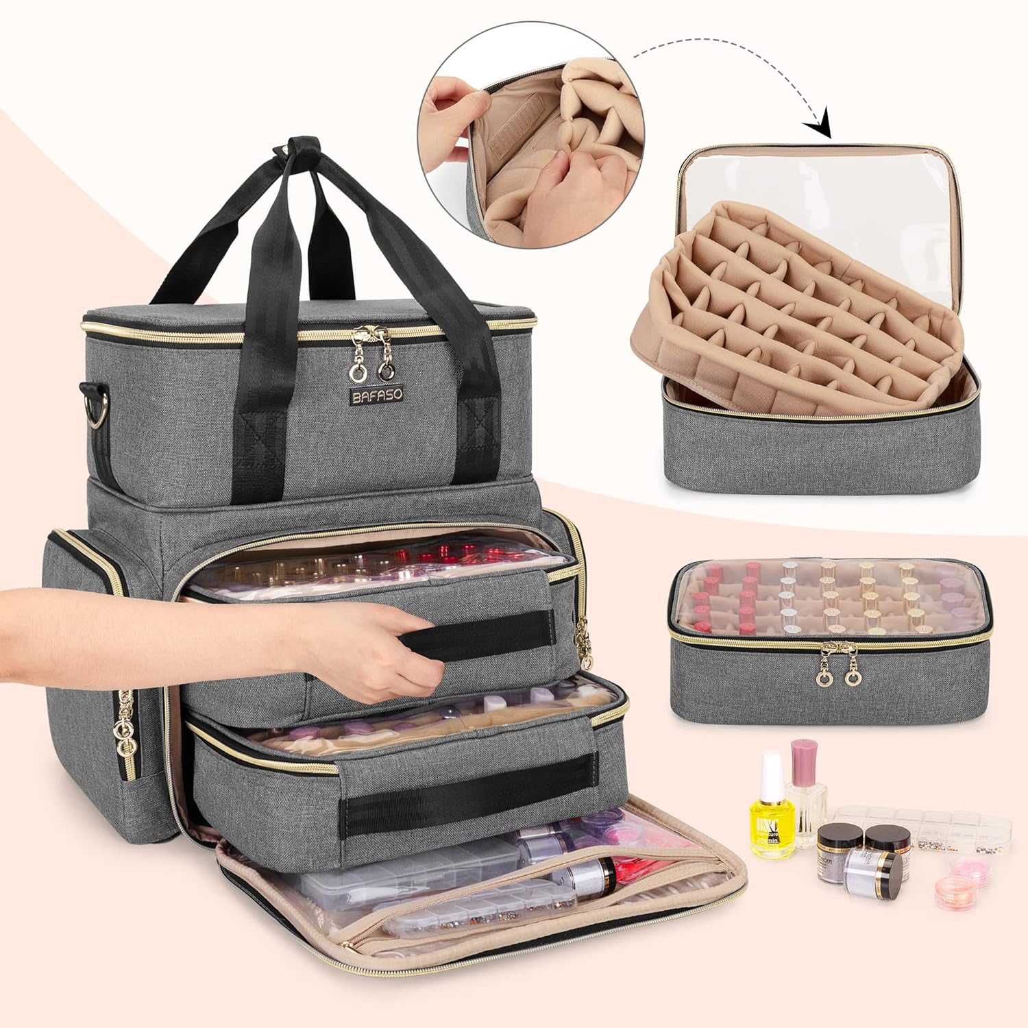 BAFASO Double Layer Nail Polish Organizer Holds 70 Bottles (15ml - 0.5 fl.oz) and a Nail Dryer, Nail Polish Case with 2 Removable Pouches and Tools Storage Sections (Patented), Gray