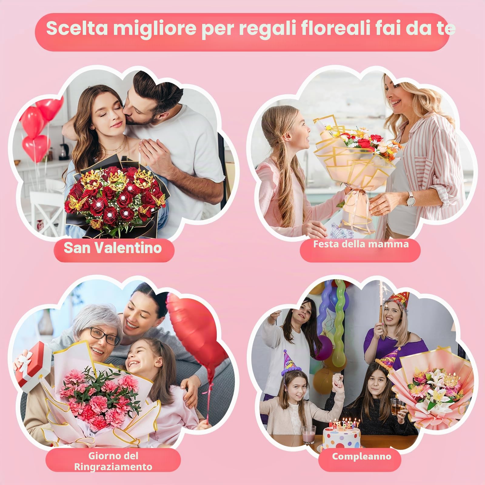 Kit carta da regalo per fiori, include 100 fogli di carta da regalo per bouquet di fiori, 3 rotoli di nastro per bouquet di fiori, 20 pezzi di biglietti d'auguri, 200 pezzi di spille per fiori etc